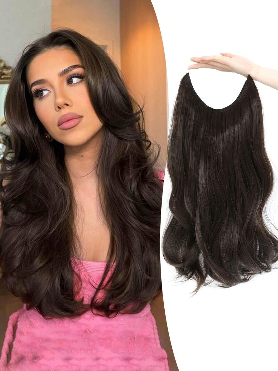 Extensiones de cabello invisibles de 18 pulgadas, estilo halo ondulado y esponjoso con 2 clips ajustables, encaje transparente suave, extensiones onduladas naturales largas, adecuadas para mujeres - marrón medio