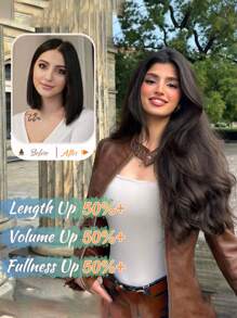 Extensiones de cabello invisibles de 18 pulgadas, estilo halo ondulado y esponjoso con 2 clips ajustables, encaje transparente suave, extensiones onduladas naturales largas, adecuadas para mujeres - marrón medio - Marrón - Ver 5