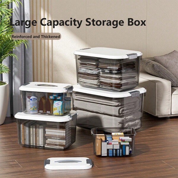 Caixas de armazenamento de plástico transparentes empilháveis com tampas e alças, 4/6 peças, recipientes organizadores multifuncionais duráveis para casa, escritório, guarda-roupa, armazenamento externo, porta-malas de carro, itens essenciais para banheiro, lanches, remédios, suprimentos para férias