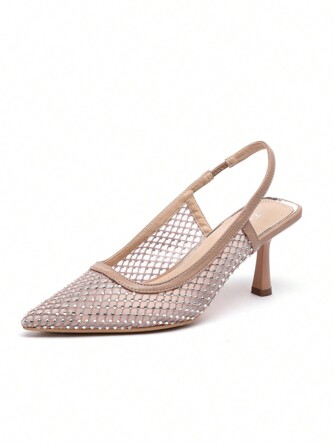 Women's Mesh Cat High Heel Shoes, Rhinestone Wedge Dress For Wedding Party