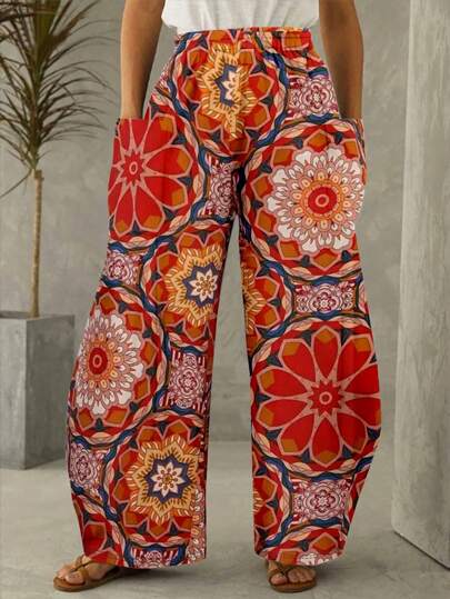 Plus 女款花朵印花阔腿裤