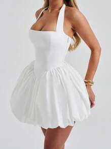 Women's Sleeveless Halter Square Neck Puff Corset Back Lace Up Bubble Mini Cocktail Dress Party Club - 白色 - 查看 4