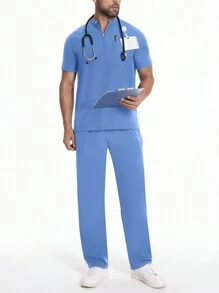 男士短袖工作服手术服、透气兽医/美容服务工作服口袋套装