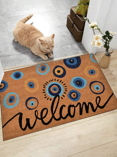 1pc 'Brown Background With Blue Evil Eyes, Welcome' Doormat, Indoor Mat, Throw Rug, Creative Door Mat, Entryway Themed Mat, Home Decor, Non-Slip Floor Rug Mat, Bedroom Accessories, Photo Props, Outdoor Decor, Throw Rug, Area Rug, Gift