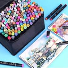 彩色双头酒精基艺术马克笔，24/48/60/80/168 色永久性马克笔加无色混合器，微尖笔，儿童成人着色马克笔袋（包装随机） - 黑色 - 查看 8