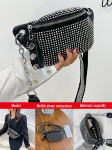 女士水钻镶嵌单肩包迷你斜挎包带可调节肩带亮钻胸包和腰包 - 銀色 - 查看 2