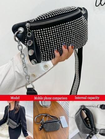 Lady Rhinestone-Studded Shoulder Bag Mini Crossbody Bag With Adjustable Shoulder Strap Bright Rhinestone Chest Bag And Waist Bag
