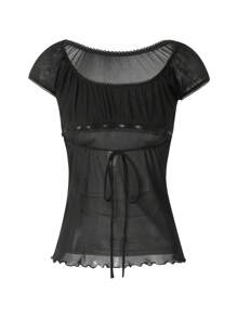 Women Fairy Grunge Y2k Shirts Square Neck Lace Patchwork Tops Vintage Aesthetic Clothing - 黑色 - 查看 4