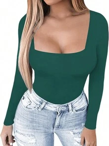 Áo thun dài tay cổ vuông dáng ôm Vaiaye dành cho nữ mùa xuân/hè phong cách Y2K, màu trơn, gợi cảm, thích hợp cho ngày Valentine. - Màu xanh lá cây đậm - Xem 9