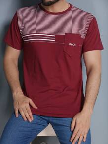 Men's Crew Neck T-Shirt With Pocket - 酒紅色 - 查看 1