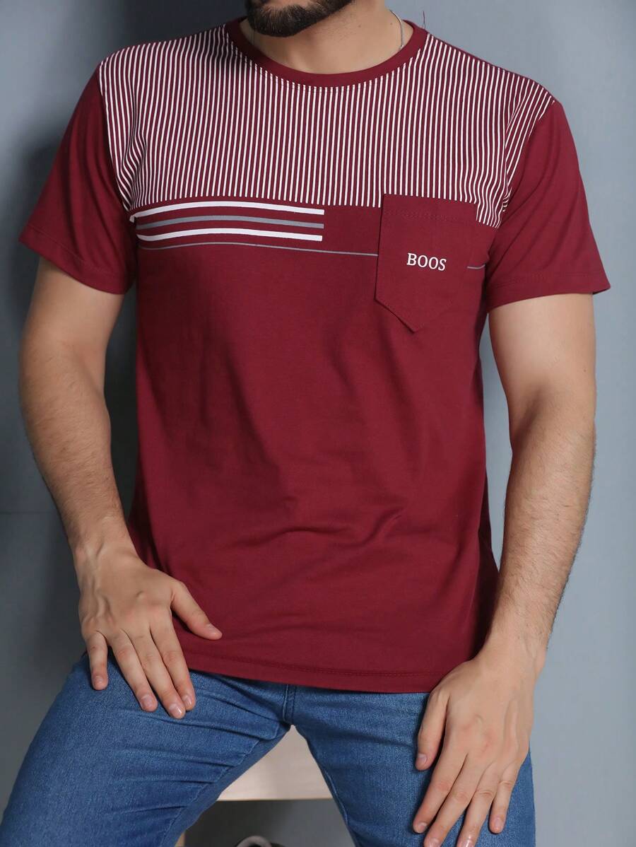 Men's Crew Neck T-Shirt With Pocket - 酒紅色 - 查看 1