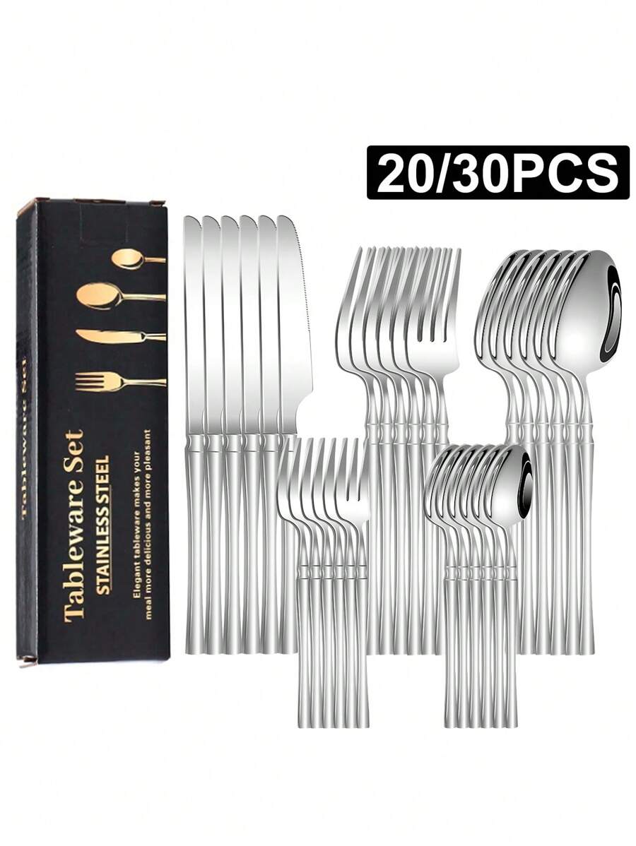 20/30 Pcs Set Stainless Steel Flatware Set, Slender Waist Design Knife Fork Spoon Dessert Spoon, Gift Box Packaging, Suitable For Home Kitchen, Hotel, Wedding And Holiday Gifts,School Supplies - Silver - View 1