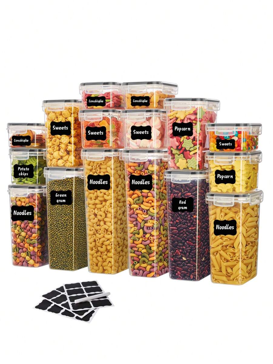 36 piezas Recipientes herméticos para almacenamiento de alimentos para organización y almacenamiento de despensa de cocina, recipientes de almacenamiento de cocina de plástico con tapas para harina, azúcar y cereales, etiquetas y marcador