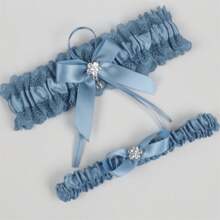 1 对新娘梅花锆石吊袜带配白色蕾丝腿链，水晶蝴蝶结腿吊袜带，适合女士、婚礼、舞会装饰 - 霧霾藍 - 查看 2