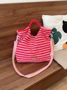 女士时尚条纹毛绒手提包 - 百搭时尚单肩斜挎包，配有可拆卸肩带，高品质合成材料毛绒手提包，适合女士条纹流浪包 - 彩色 - 查看 18