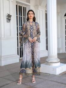 V-Neck Dress With All-Over Floral Jacquard Print, Regular Fit, Long Sleeves, Shimmery Rhinestone Embellishment, Elegant Moroccan Jalabiya Robe For Women