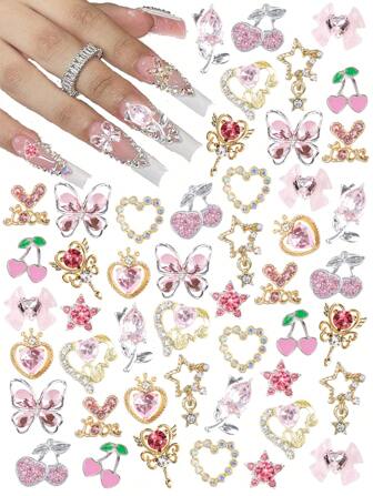 24 piezas Decoraciones de arte de uñas Y2K, joyería de uñas de aleación con corazones 3D, estrellas, lazos, cerezas, rhinestones, gemas brillantes para uñas y accesorios de uñas