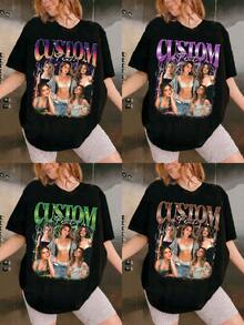 超大号 Y2K 盗版说唱 T 恤，个性化复古定制照片 90 年代 T 恤，趣味图案 T 恤，情侣礼物，情侣照片复古上衣，定制男女朋友 T 恤，送给她的礼物，送给女友/妻子的礼物，情人节礼物，时尚达人，潮流，潮人，简约，轻松百搭，极简时尚，休闲独特黑色夏季 - 黑色 - 查看 2