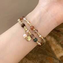 Bracelet en pierre naturelle double couche avec perles d'eau douce pour femmes, bracelet empilable de luxe rétro léger, design de niche, bijoux haut de gamme