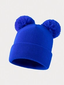 1 pieza Gorro de punto de unicolor y versátil con dos bolas, adecuado para outfits casuales de otoño/invierno de mujer
