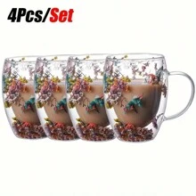 4pcs, Dried Flowers Inside Glass Coffee Mugs, 11.83oz Double-Walled Espresso Coffee Cups, Heat Insulated Water Cups, Summer Winter Drinkware, Birthday Gifts - 彩色 - 查看 1