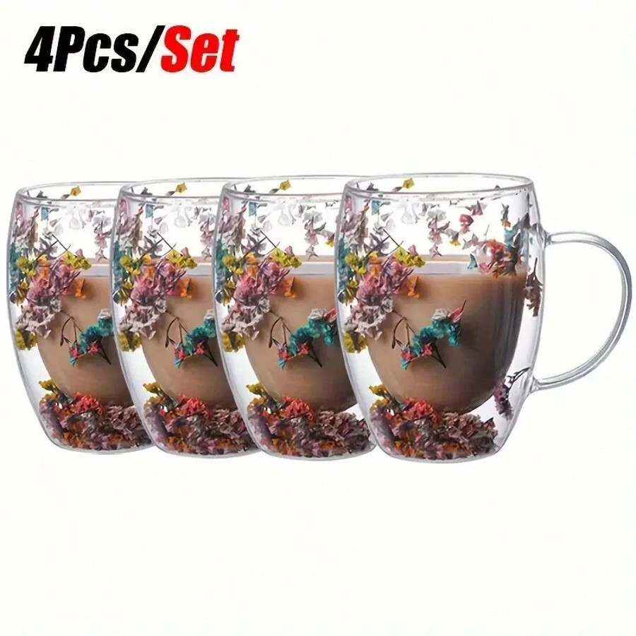 4pcs, Dried Flowers Inside Glass Coffee Mugs, 11.83oz Double-Walled Espresso Coffee Cups, Heat Insulated Water Cups, Summer Winter Drinkware, Birthday Gifts - 彩色 - 查看 1