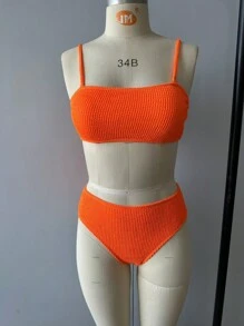 2pcs/Set Graduation Rib-Knit Bikini Swimsuit Set, In Black, Red, Purple Colors - Orange - View 5