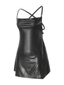 Women Shiny Spaghetti Strap Dress Solid Color Sleeveless Backless Party Dress For Cocktail Nightclub Beach - Black - View 7