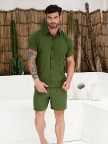 Men's Viscolinho Set With Button-Down Shirt Shorts Summer Beachwear - 軍綠色 - 查看 5