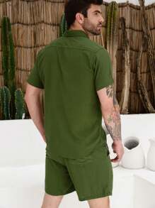 Men's Viscolinho Set With Button-Down Shirt Shorts Summer Beachwear - 軍綠色 - 查看 2