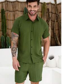 Men's Viscolinho Set With Button-Down Shirt Shorts Summer Beachwear - 軍綠色 - 查看 1