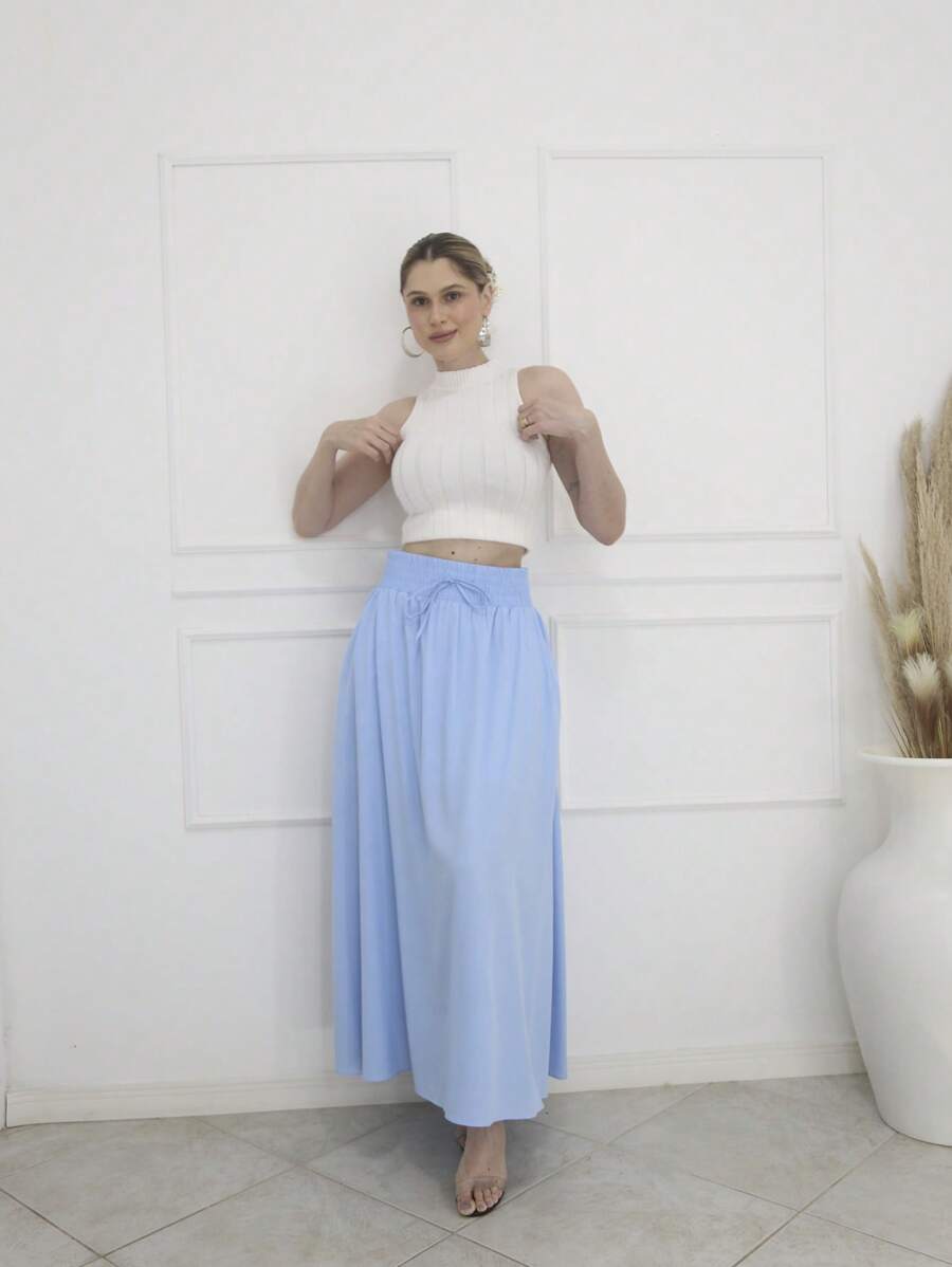 Steve Store Women's Fashion Viscose Fabric Skirt With Lining, Has Pocket And Slit On The Sides - azul claro lisa - 查看 1