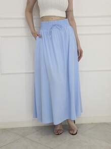 Steve Store Women's Fashion Viscose Fabric Skirt With Lining, Has Pocket And Slit On The Sides - azul claro lisa - 查看 2