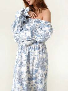 Women's Floral Maxi Dress Y2k Off Shoulder Puff Sleeve High Waist Long Dresses Summer Casual Sundress - 藍色 - 查看 7