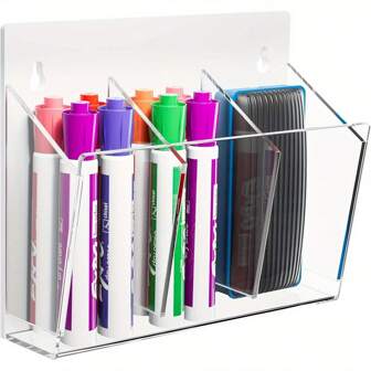 Magnetic Marker Holder 3 Compartments Dry Erase Marker Organizer Acrylic Marker Holder Organizer For Whiteboard Wall & Locker Accessories, Whiteboard Marker Holder With Screws, Clearen