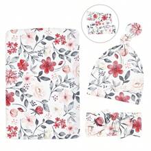 3 件套农舍风格新生儿襁褓包巾、印花水彩毯、打结头带和帽子套装 - 彩色 - 查看 9