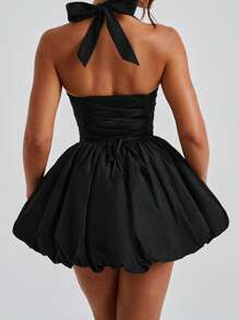 Women Y2K Halter Bubble Mini Dress Sleeveless Open Back Tie Up Backless Corset Ruffle Puffy Mini Party Short Dress - 黑色 - 查看 3