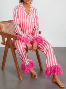 Women's 2 Piece Satin Pajama Set Long Sleeve Lapel Neck Striped Tops Elastic Waist Patchwork Feather Pants Sleepwear Outfit - Hồng - Xem 3