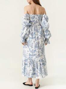 Women's Floral Maxi Dress Y2k Off Shoulder Puff Sleeve High Waist Long Dresses Summer Casual Sundress - 藍色 - 查看 4
