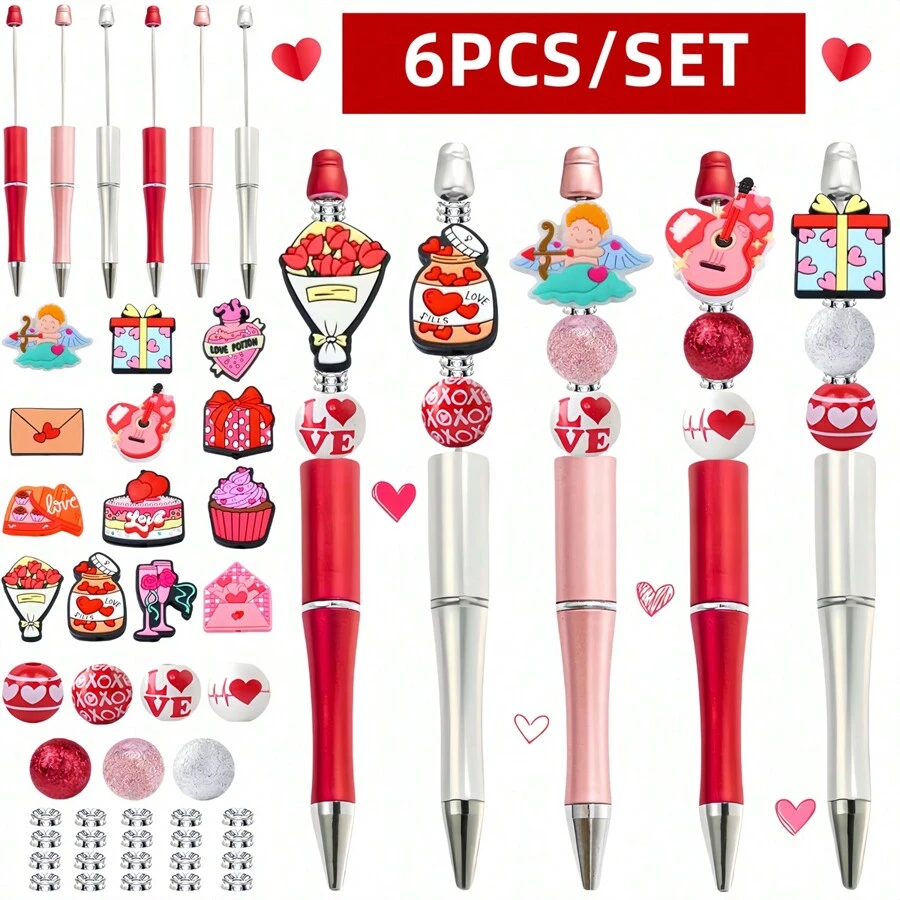6支装红色、粉色、银色LOVE主题黑色墨水DIY串珠圆珠笔套装，包含硅胶珠、木珠、亚克力珠，造型包括丘比特、花朵、吉他、蛋糕、信封等，适合作为婚礼、派对、周年纪念礼物送给女友、妻子或作为生日礼物 - 彩色 - 查看 1