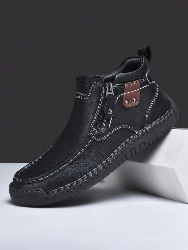 Men's Outdoor Casual Ankle Boots For All Season,Slip On Side Zipper Handmade Black Boots For Men,Non-Slip