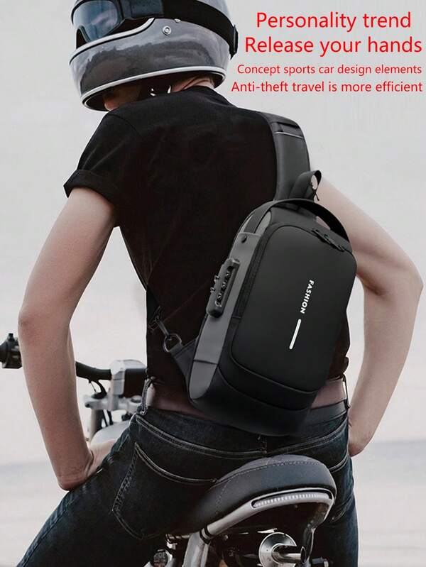 Bolsa de peito masculina com trava de senha antirroubo, bolsa transversal da moda, mochila para atividades ao ar livre, cinto de bicicleta com estampa de letras, bolsa de motocicleta da moda de rua, bolsa tipo bandoleira esportiva casual. Porta de carregamento USB multifuncional, bolsa de alça antirroubo com trava de combinação de grande capacidade, bolsa de telefone para moedas. Adequado para adolescentes, verão, casual, ao ar livre, atlético ou viagens de férias ou presentes de formatura ou acessórios para vestidos de aniversário