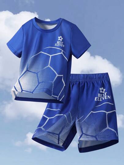 2 Pcs Set Young Boy Outdoor Sports Best Club Print Quick Dry Breathable Round Neck Short Sleeve T-Shirt + Blue Football Print Quick Dry Shorts Football Sports Suit, Spring Summer