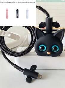 5pcs Fashion Black/White Cat Design Charger Protector Case & Data Cable Organizer Compatible With Iphone 11/12/13/14 Pro Max Cable Protector - Multicolor - View 8