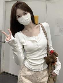 女士春秋季韩版撞色蕾丝碎花纽扣长袖修身T恤打底衫 白色休闲 - 白色 - 查看 3