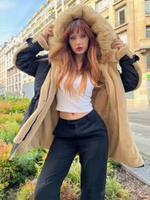 Parka mi-longue pour femme – Doublure polaire chaude, capuche en fausse fourrure. Veste parka en peluche contrastée avec fourrure et poches. Confortable et élégante par temps froid, polyvalente pour les vêtements de travail, de bureau, d'école, d'extérieur.