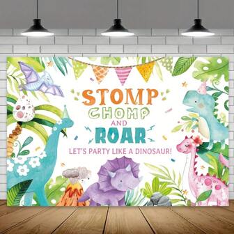 Dinosaur Party Background Backdrop - Watercolor Cartoon Dinosaur & Tropical Jungle Theme, Party Birthday Celebration Polyester Banner, Cake Table Decor And Photo Booth Props
