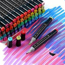 彩色双头酒精基艺术马克笔，24/48/60/80/168 色永久性马克笔加无色混合器，微尖笔，儿童成人着色马克笔袋（包装随机） - 黑色 - 查看 2