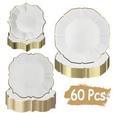 60er Pack elegante Wegwerfpappteller mit goldfarbiger Folie für Geburtstag, Verlobung, Hochzeit, Jahrestags-Feier, Party Zubehör (18cm+23cm+25,4cm)