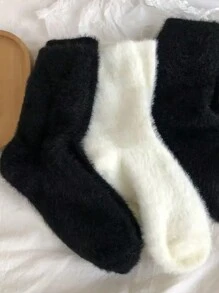 2 pary damskich, jednolitych kolorów, puszystych, termicznych skarpetek do połowy łydki, czarno-białych, ciepłych na jesień/zimę